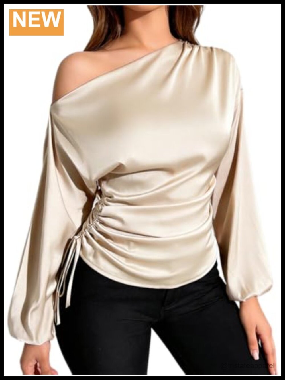 Elegant Satin Off Shoulder Lantern Long Sleeve Blouse w/ Drawstring Side